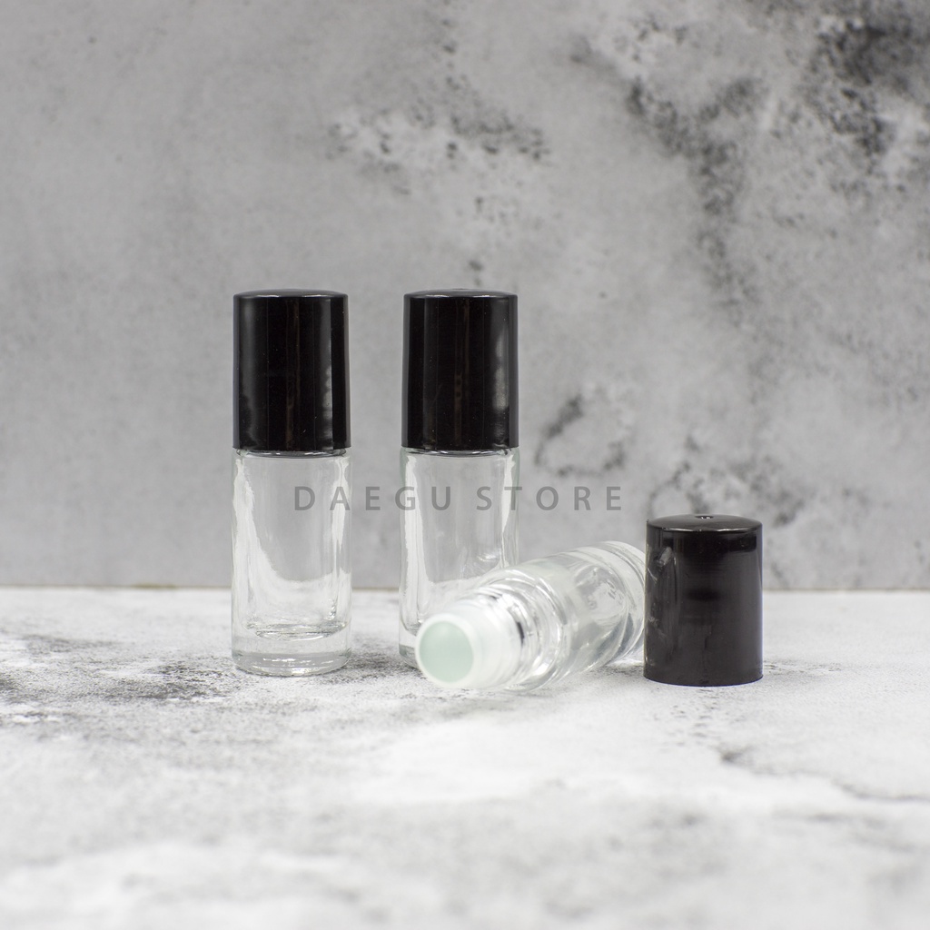 Botol Roll On 5ml - Bola Kaca - Kaca Tebal Tutup Hitam Essential Oil Parfum Refillable Transparan