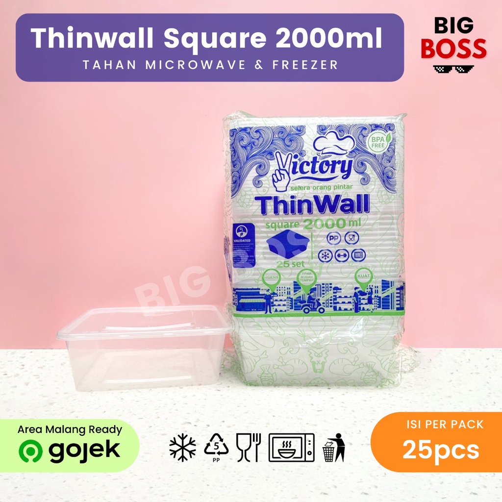 [ISI 25 PCS] Thinwall Bujur Sangkar 2000ml + Tutup Victory / Kotak Makan Plastik Square 2000ml / Kotak Plastik Slametan Hajatan