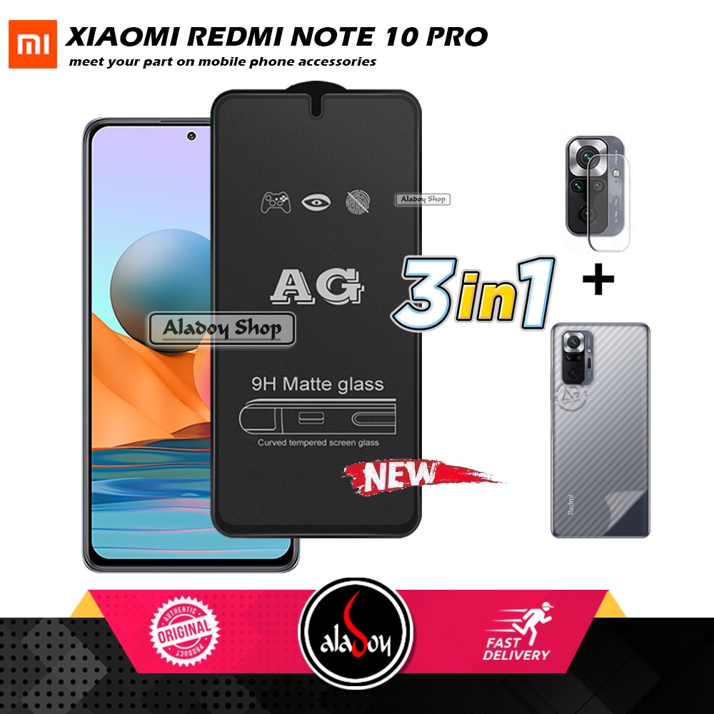 Paket 3IN1 Tempered Glass Layar Matte Anti Glare XIAOMI REDMI NOTE 10 PRO Free Tempered Glass Camera dan Skin Carbon