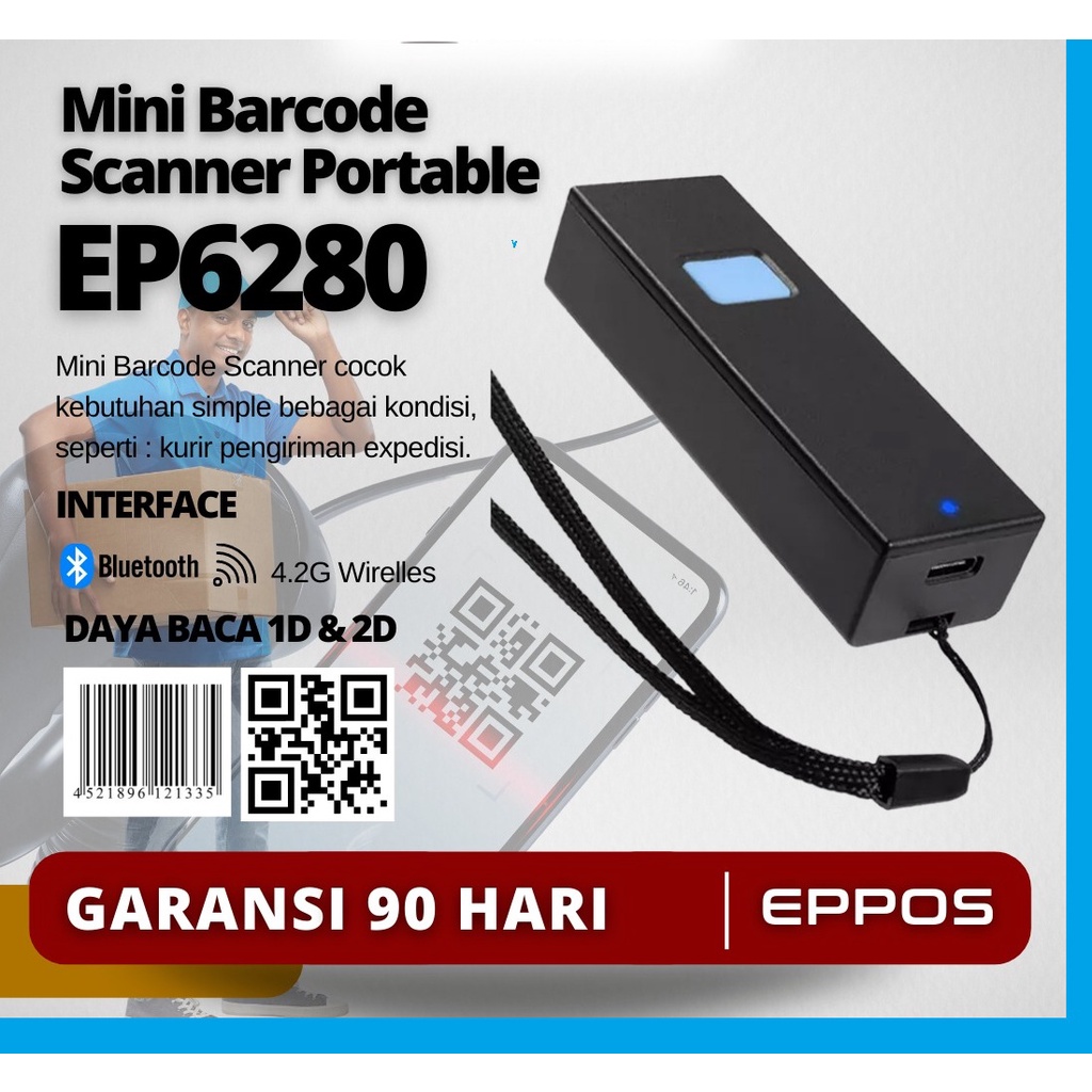 TERLARIS Mini Barcode Scanner 1D/2D EPPOS EP6280 - Bluetooth Wireless