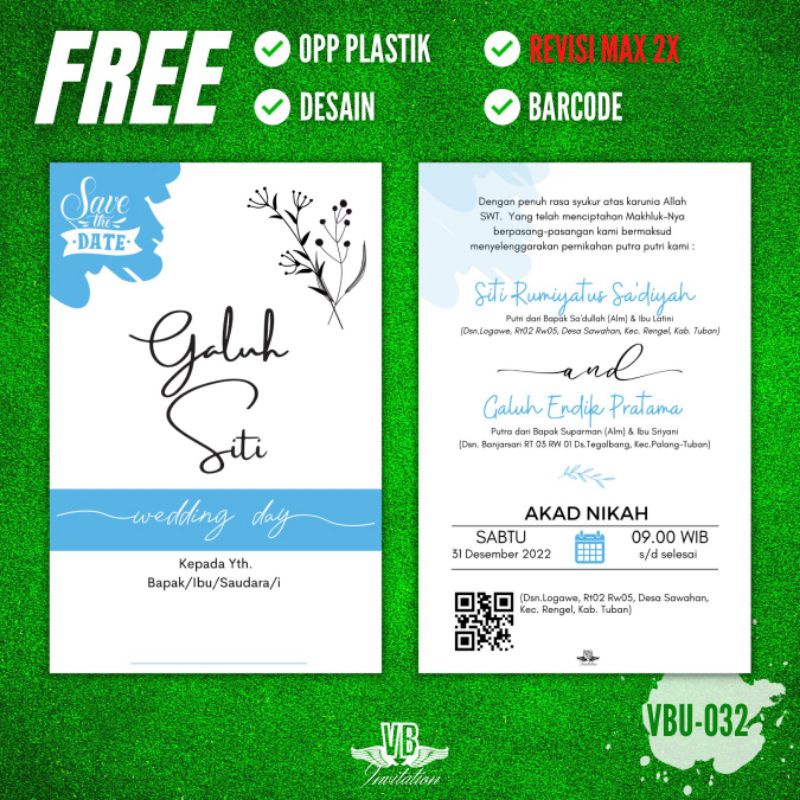 WEDDING INVITATION SIMPLE CANTIK ELEGAN KEKINIAN TERMURAH TERLARIS UK 13X26 VBU 032