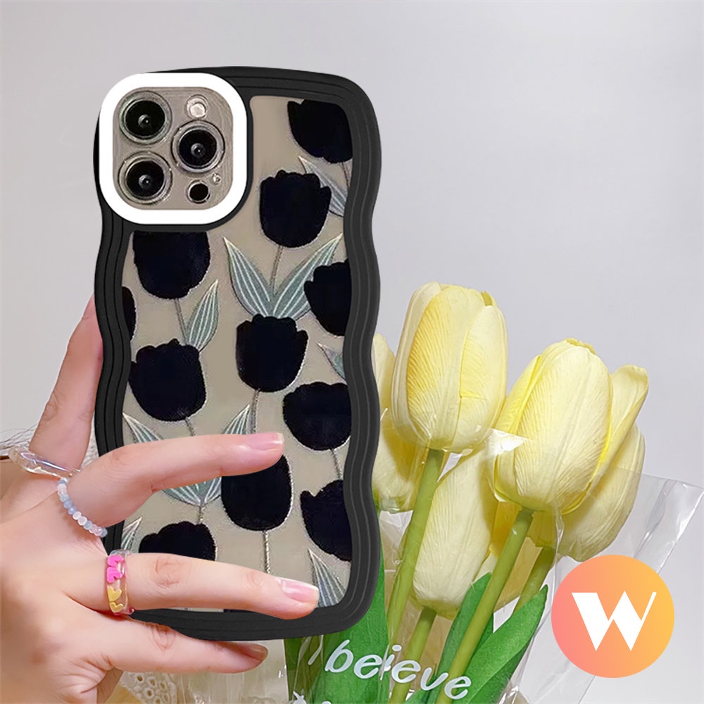 IPHONE Casing Bunga Tepi Bergelombang Kompatibel Untuk Iphone11 13 12 14 Pro Max XR 7Plus XS Max X7 8 6 6s 14 Plus SE 2020 Soft Tpu Tulip Daun Hijau Silikon Phone Cover