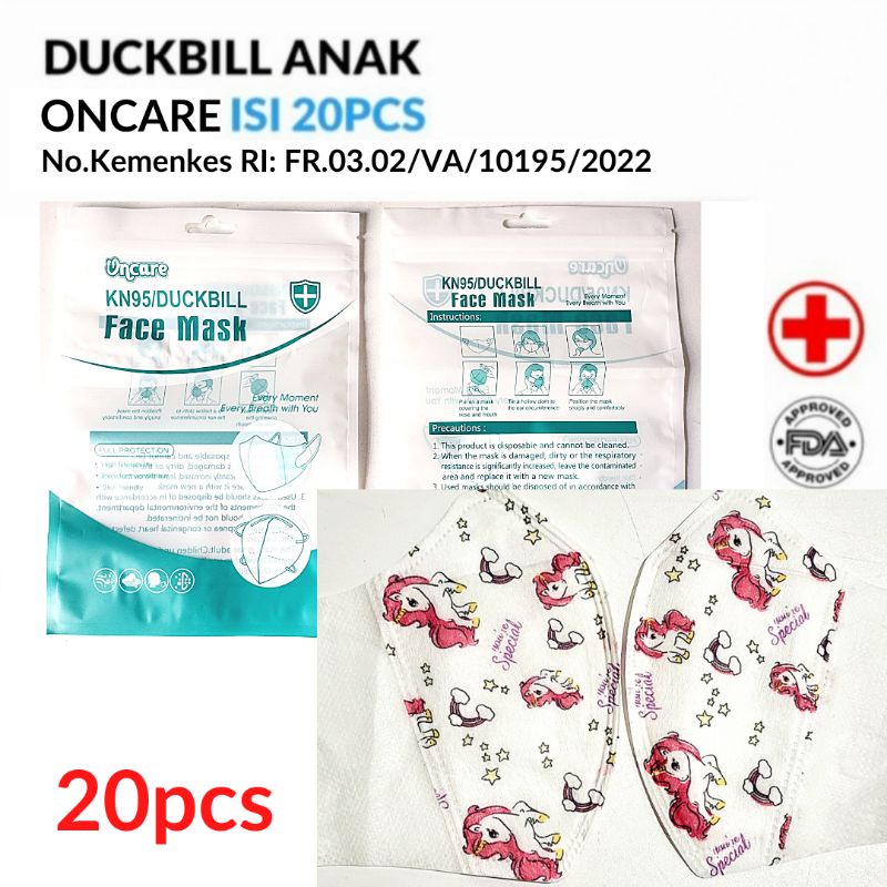 MASKER DUCKBILL ANAK ONCARE MOTIF PUTIH UNICORN ISI 20PCS 3-10TAHUN