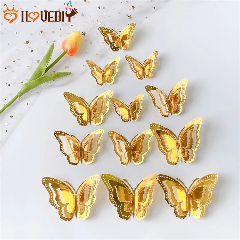 12pcs 3-Layer Hollow Butterfly Stiker Glittering Art DIY Decals Halus Dekorasi Kertas Kupu-Kupu 3D Gradien Kupu-Kupu Wallpaper Untuk Jendela Kamar Kulkas Pesta