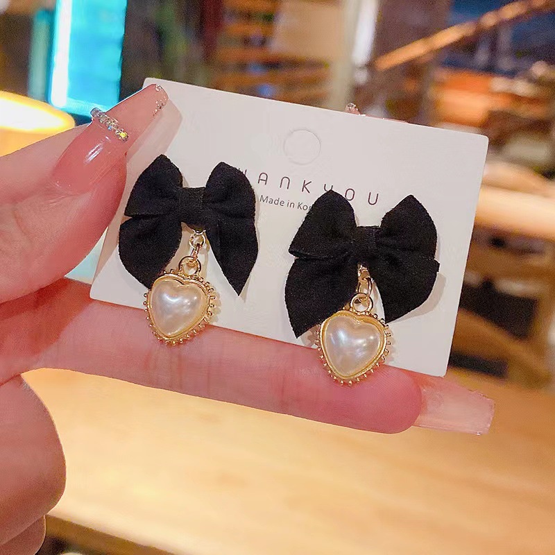 Anting Drop Mutiara Hati Mewah Anting Tusuk Bentuk Busur Warna Hitam Untuk Aksesoris Perhiasan Wanita