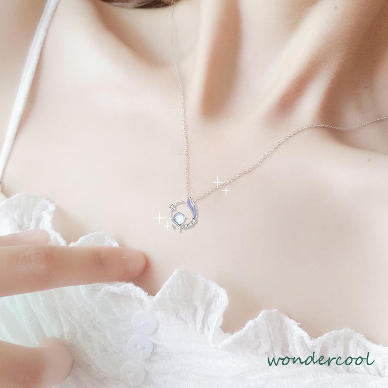 Kalung Rantai Klavikula Liontin Moonstone Gaya Korea Silver Untuk Wanita Aksesoris Perhiasan-Won