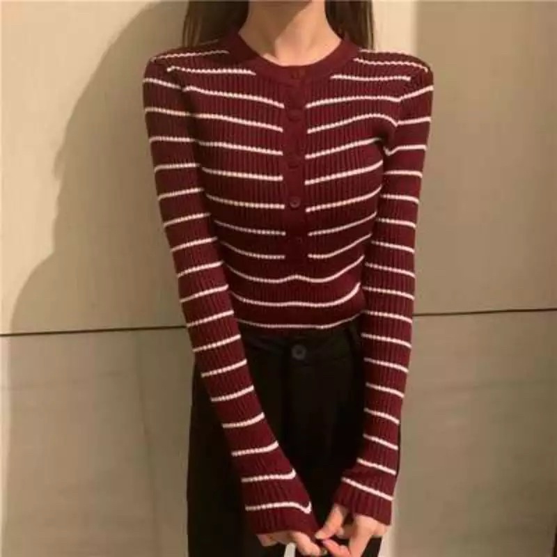 Atasan wanita Baju Rajut Oneck stripe lengan panjang