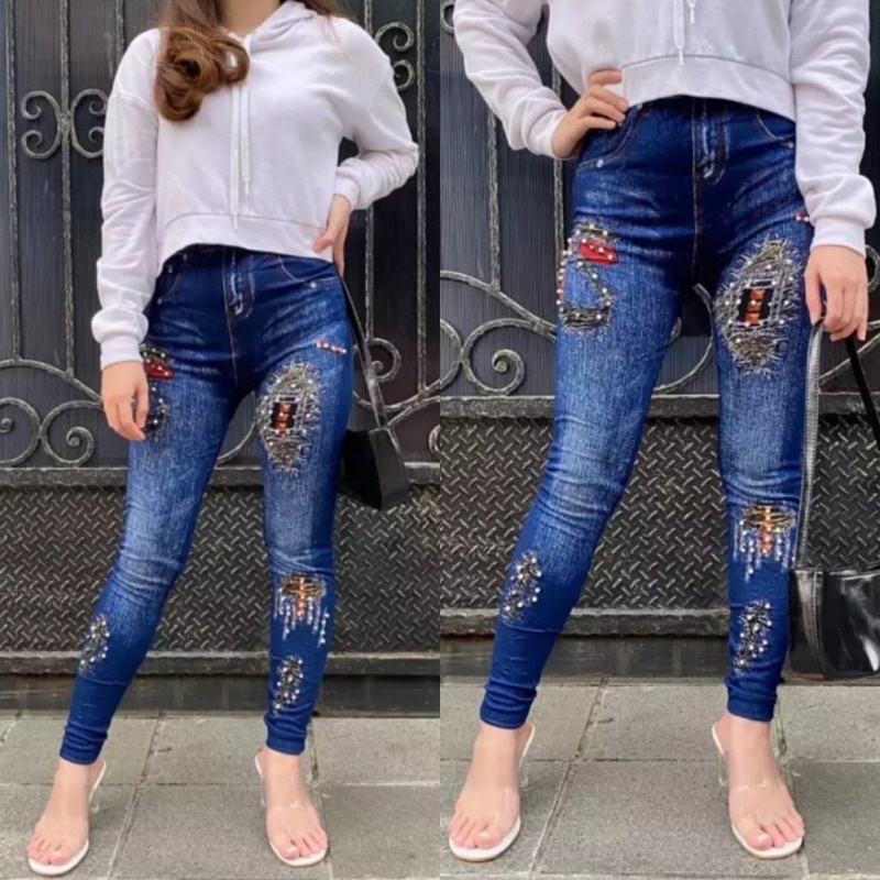 LEGGING JEANS MOTE IMPORT / LEGING DENIM MUTIARA / LEJING JEANS WANITA MOTIF BIBIR