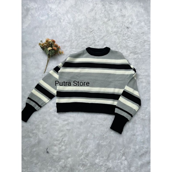 Maudy Strip sweater crop rajut wanita