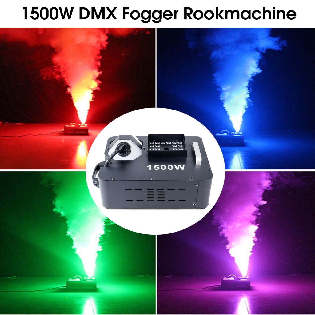 Lampu Dekorasi Panggung dengan efek asap RGB disco SHOW TIME Sistem Fogger Panggung Stage DMX 1500W LED Fog Machine/Wireless Remote DMX512 Smoke Machine With 24x9W RGB LED Lights/Professional Stage Pyro Vertical LED Fogger