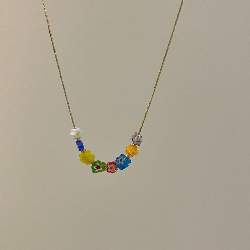 Kalung Rantai Tulang Selangka Desain Manik-Manik Bunga Warna Pelangi Gaya Korea Untuk Wanita