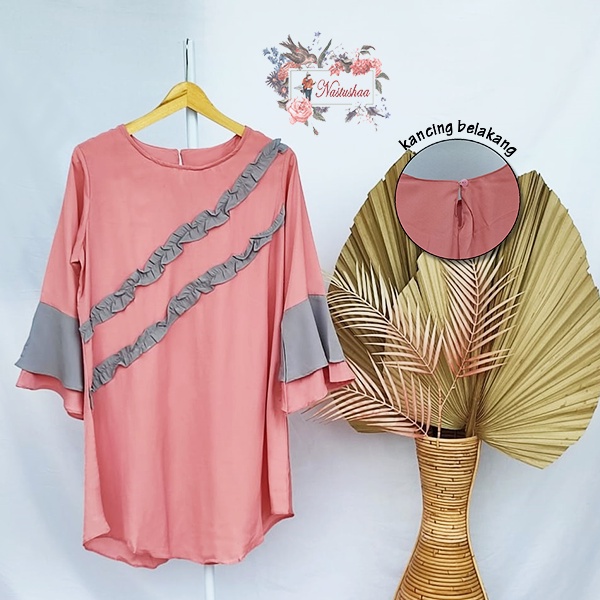 Tunik Wollycrepe Polos / Tunik Wanita Lengan Lonceng Tumpuk / Pakaian Atasan Wanita Lengan Panjang Variasi Rampel Bagian Depan