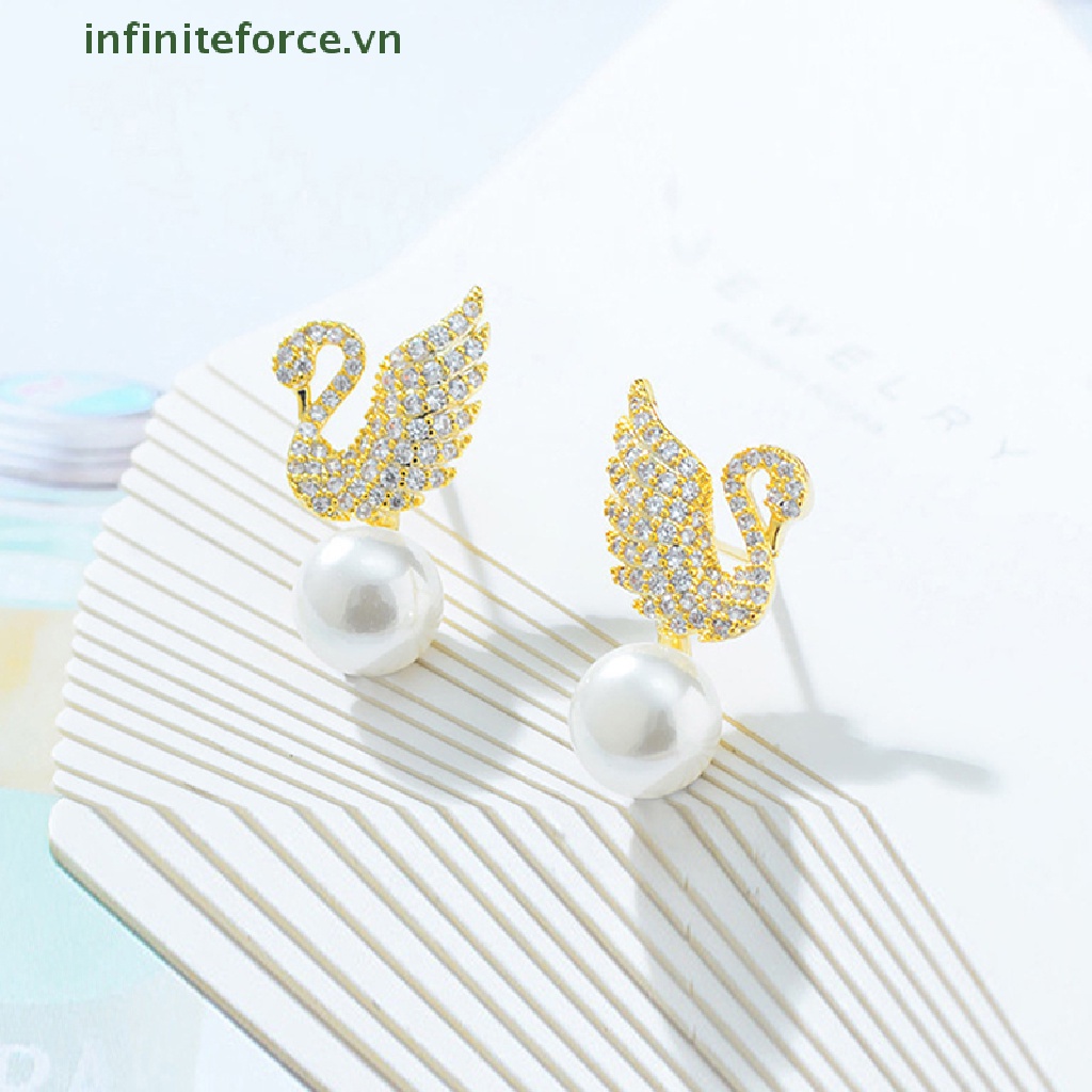 [INVN] 1pasang Imitasi Mutiara Swan Berlian Imitasi Ear Studs Perhiasan Wanita Anting Fashion Pesta Aksesoris Hadiah [VN]