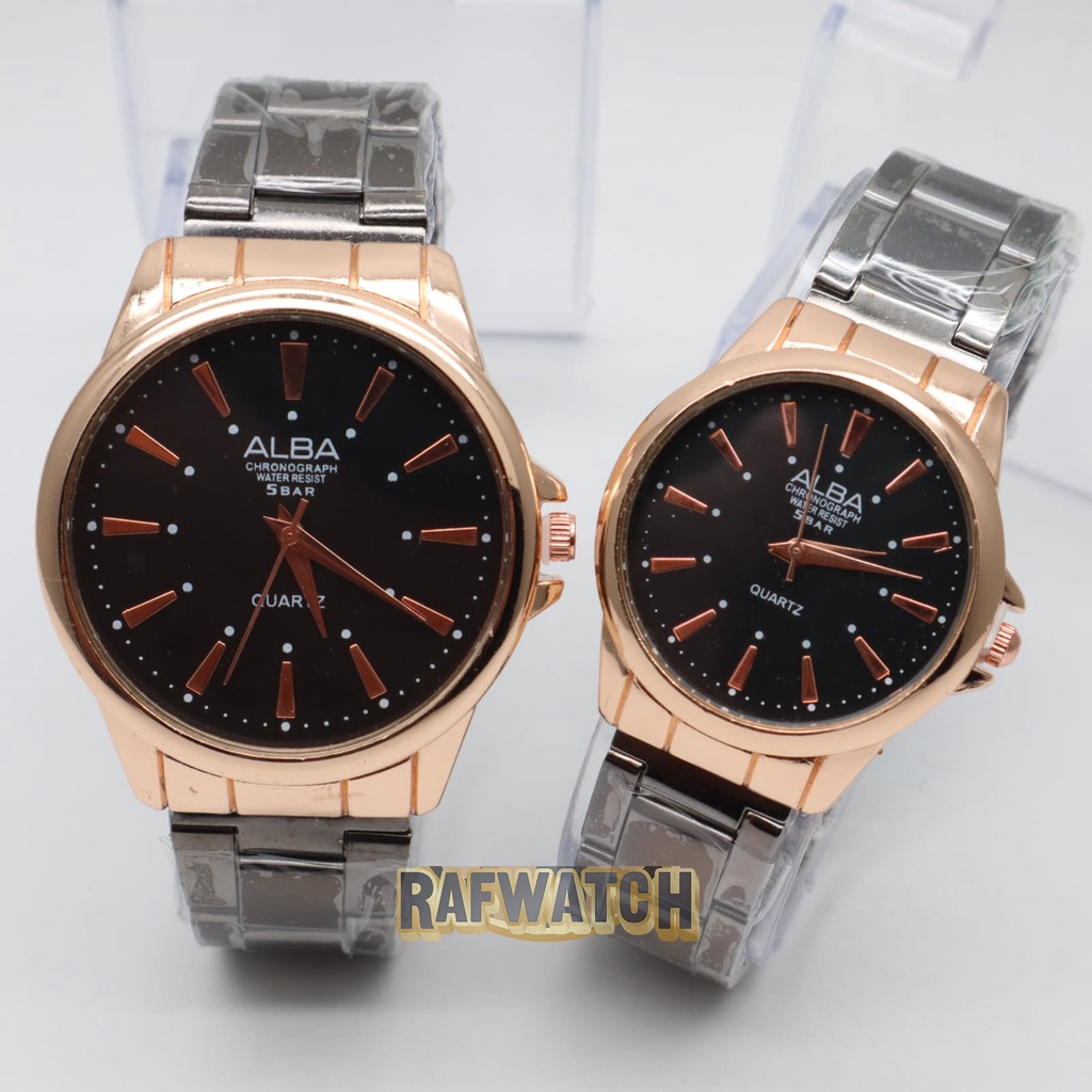 Jam Tangan Pasangan Pria Wanita Analog Casual Rantai Stainless Hitam Rose RPA6