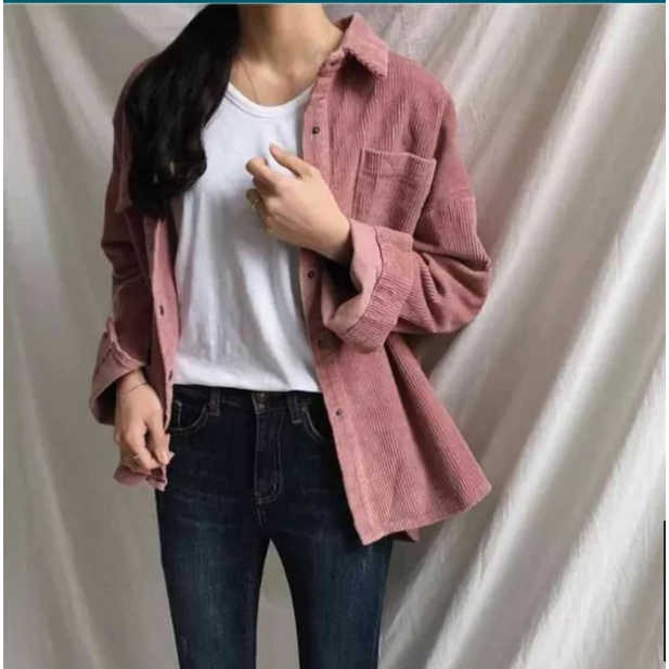 [chaoo.id]Corduroy Shirt Kemeja Lengan Panjang Wanita Retro Korean Style baju atasan wanita Oversize Import kekinian ootd