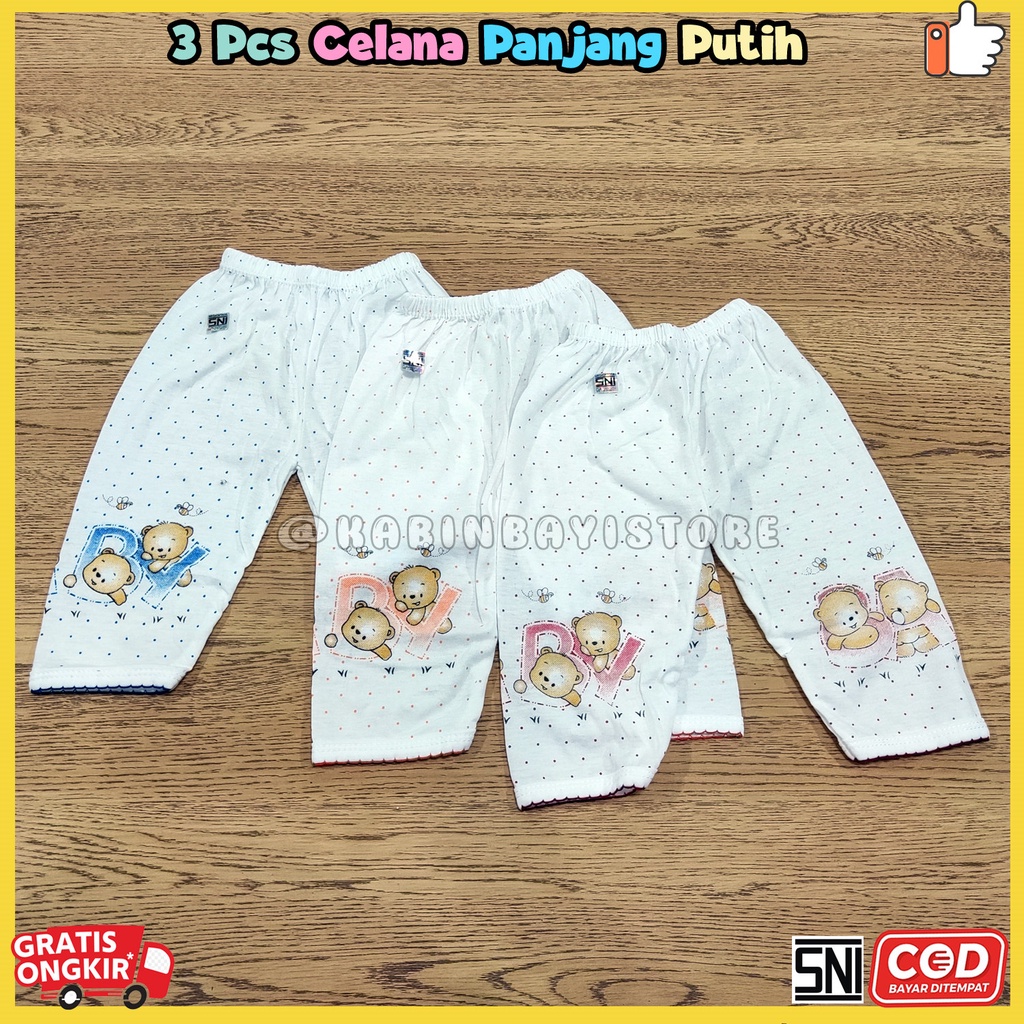 3 Pcs Celana Panjang Putih Bayi Newborn Karakter SNI