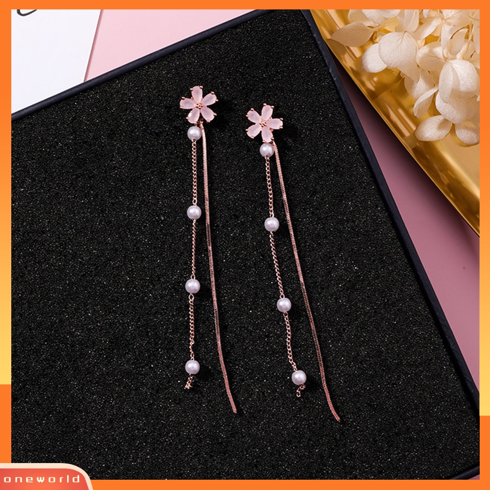 [WONE] Wanita Mutiara Imitasi Bunga Cherry Blossom Rumbai Menjuntai Ear Drop Earrings Perhiasan