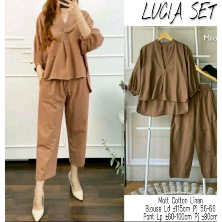 Lucia Set Setelan Wanita Blouse dan Pants Celana kekinian Bahan Katun Rami Premium RCS