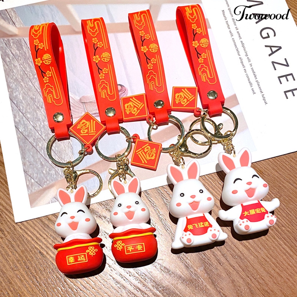 Twowood Rabbit Key Chain New Year Zodiak Maskot Harapan Terbaik Merah Hias Motif Bunga Tas Sekolah Bunny Key Pendant Hadiah