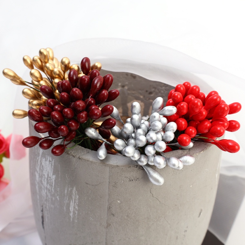 50pcs Fleksibel 2kepala Berry Bunch Xmas Pohon Karangan Bunga DIY Ornamen Buatan Merah Golden Berries Tahun Baru Natal Pernikahan Pesta Dekorasi