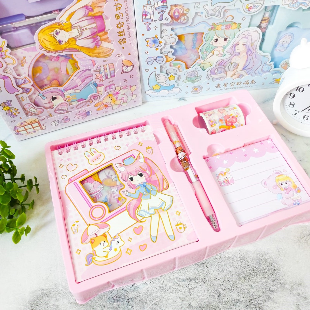 PAKET SET (4 IN 1) STICKER WASHI TAPE STICKYNOTES NOTEBOOK SPIRAL CUTTER PEN SH-4444 LUCU IMUT KARAKTER GAMBAR