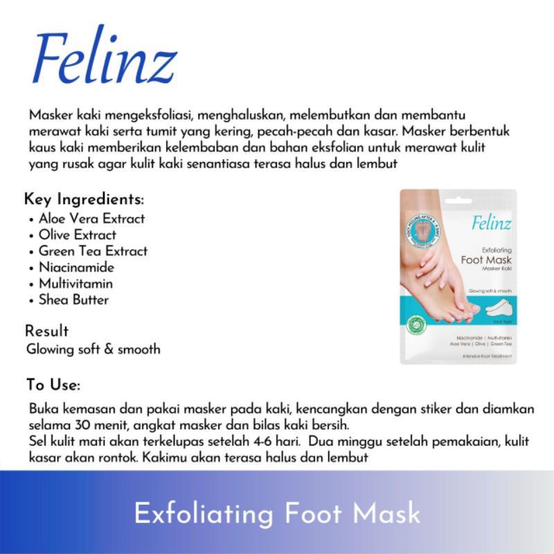 Felinz Foot Mask Exfoliating 2 lembar / 1 pasang Masker Kaki Penghilang Kapalan Penghilang Kaki Pecah