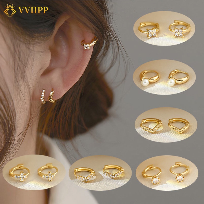 Anting Hoop Emas Perak Temperamen Kristal Mutiara Bentuk V Earrings Untuk Aksesoris Perhiasan Wanita