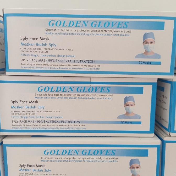 Masker Medis Earloop 3ply Golden gloves kemenkes t-sumurartho Segera Beli