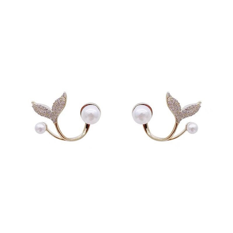 Fancyqube Korea Baru Cahaya Mewah Zirkon Fishtail Pearl Stud Earrings Untuk Wanita Fashion Kristal Imitasi Mutiara Manis Anting-Anting Gadis Perhiasan