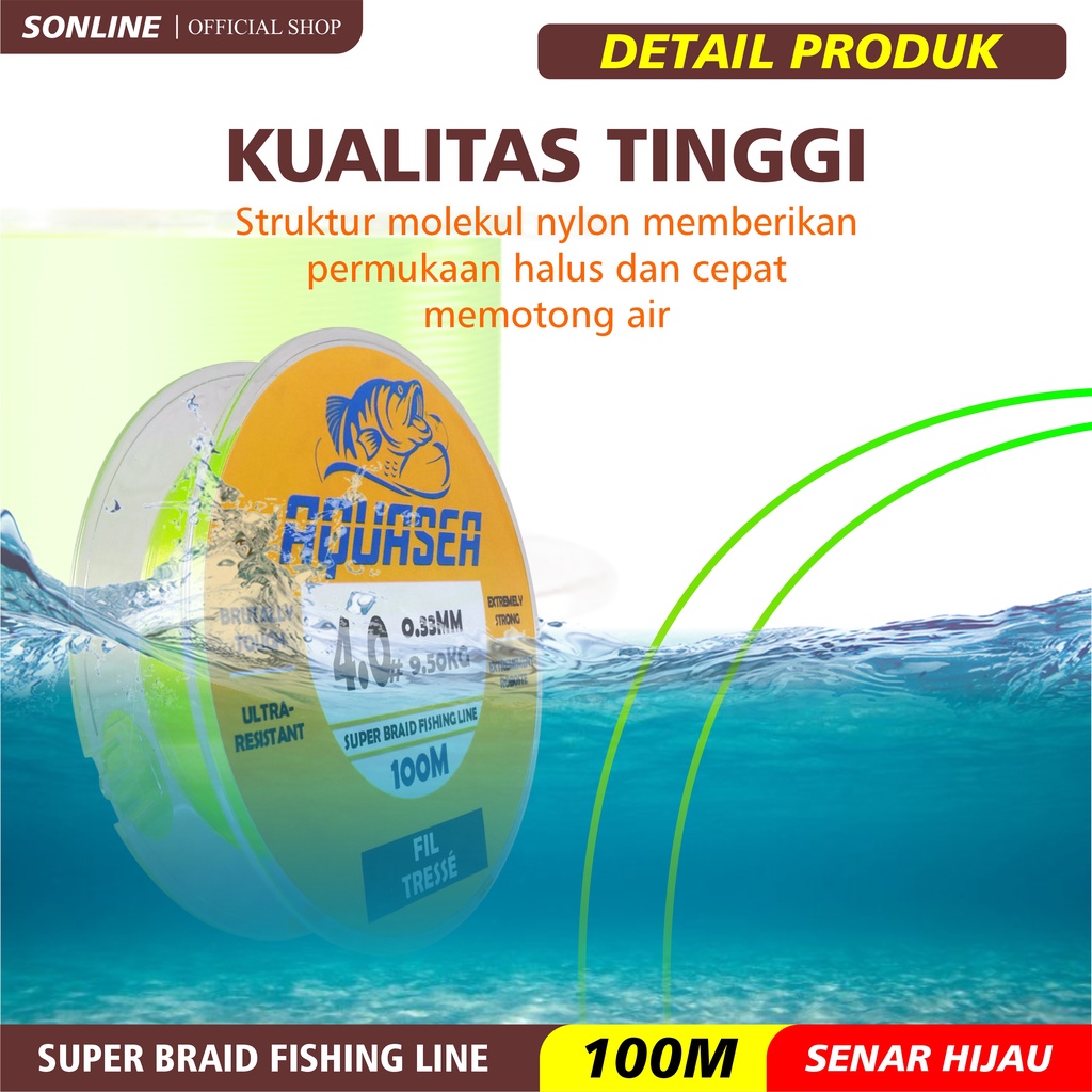 SONLINE Tali Pancing 100m Warna Kuning Senar Pancing Nilon Aquasea Gorilla Tough Super Braid Fishing Line Kuat &amp; Tahan