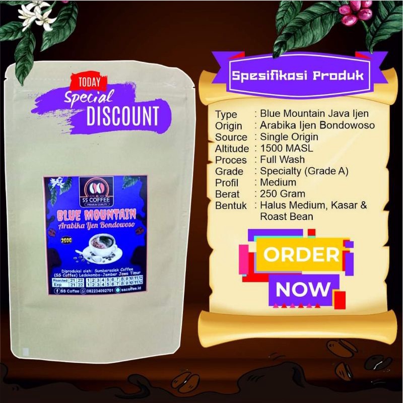 

Kopi Arabika Blue Mountain Ijen Bondowoso Grade A | Ijen 250 Gram | SS COFFEE