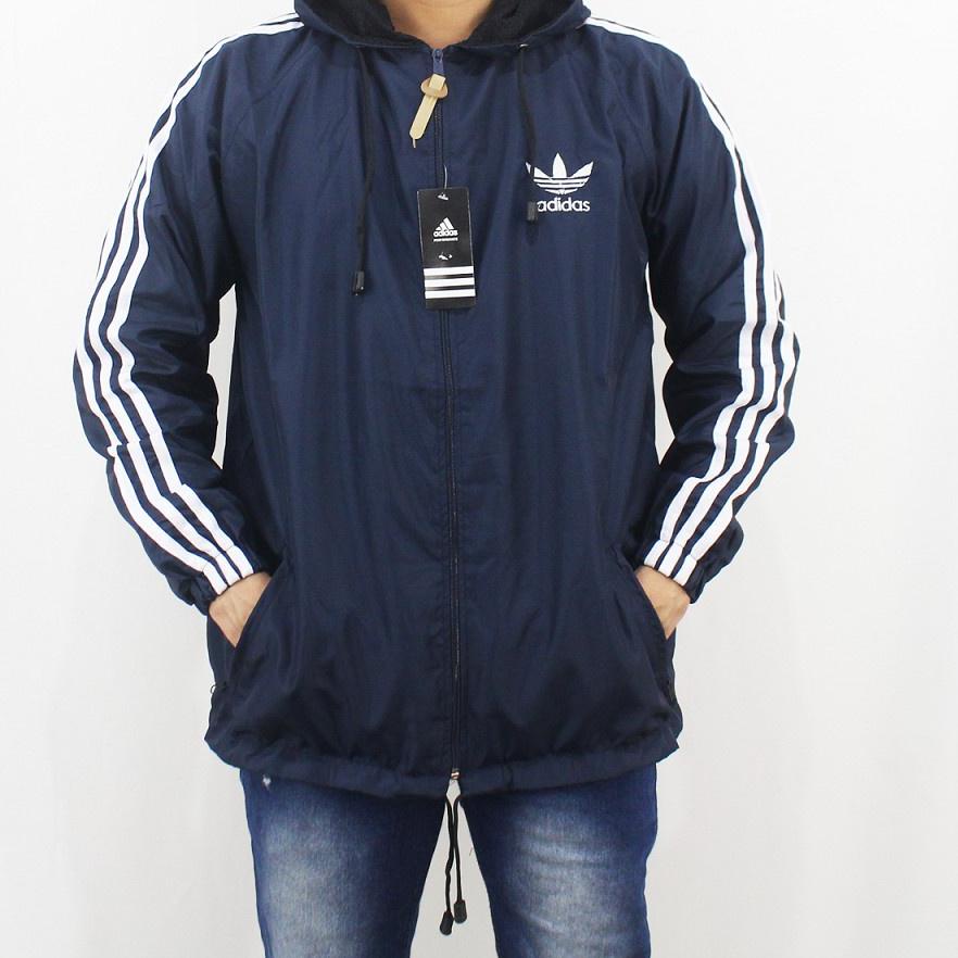 Tren Terbaru Jaket Pria Parasut Adidas Windbteaker Hitam List Putih XL XXL - Jaket Parsut Jumbo - Ja