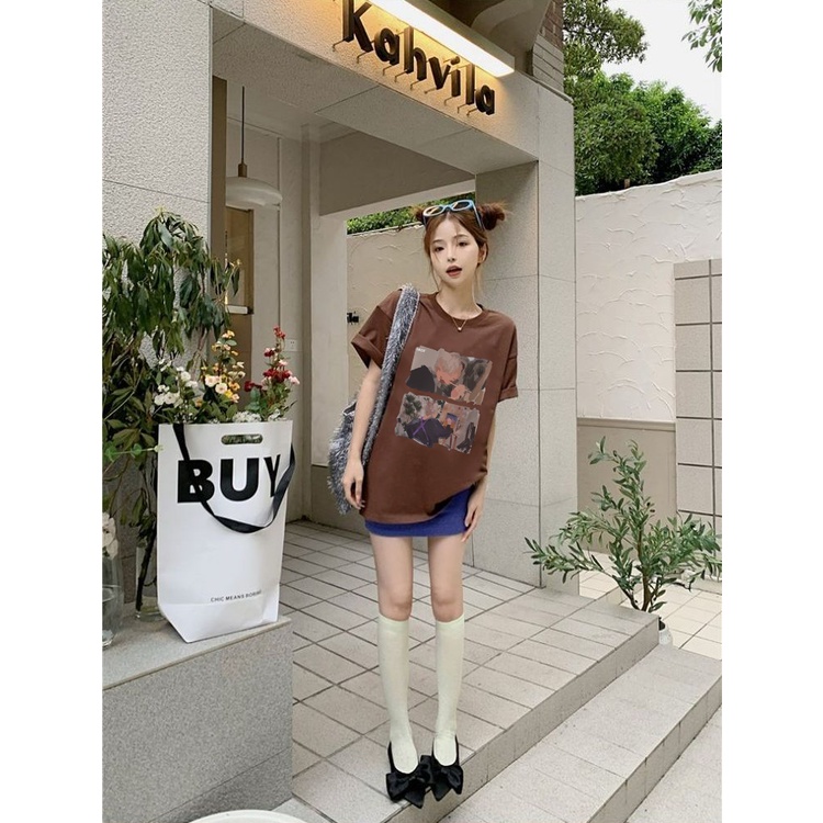 XIAOZHAINV Kaos Atasan Wanita Painting Pattern Lengan Pendek Cokelat A0166