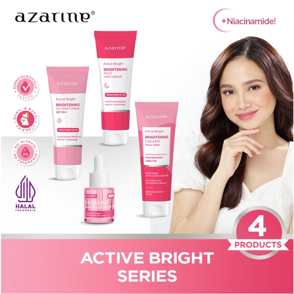 AZARINE Active Bright Series | Brightening Facial Foam | Day Moisturizer SPF25 | Night Moisturizer | Pelembap Pagi Malam Niacinamide