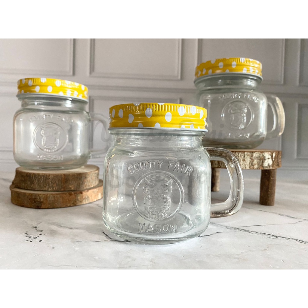 Souvenir Gelas Mug Jar Kaca Tutup Kaleng 250ml Gelas Cafe Infuser Water Kaca Bening Polos 72 pcs
