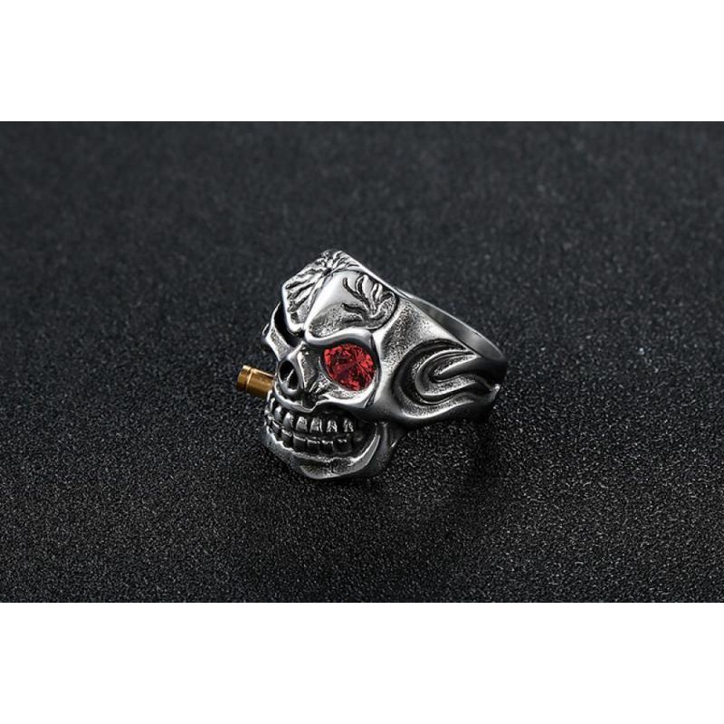 Mendominasi Mode Tengkorak Merokok Cincin Pria Perak Berlapis Hitam Merah Mata Tengkorak Gigit Peluru Cincin Rock Pesta Perhiasan Hadiah