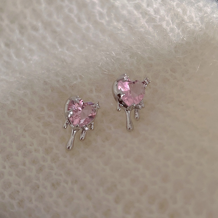 Anting Stud Wanita Korea Gaya Pink Zirkon Cinta Hati Anting Tusuk Halo Perhiasan Cewek