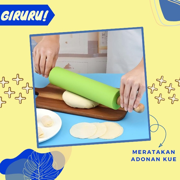 Rolling Pin Silikon Penggiling Adonan / Pegangan Kayu Anti Lengket / Penggiling Silikon Tahan Panas / Penghalus Adonan Kue / ROL KUE / ROLLING PIN / PENGGILING ADONAN / GILINGAN ADONAN KAYU / peralatan kue Baking Accessories penggilas adonan NON STICKY