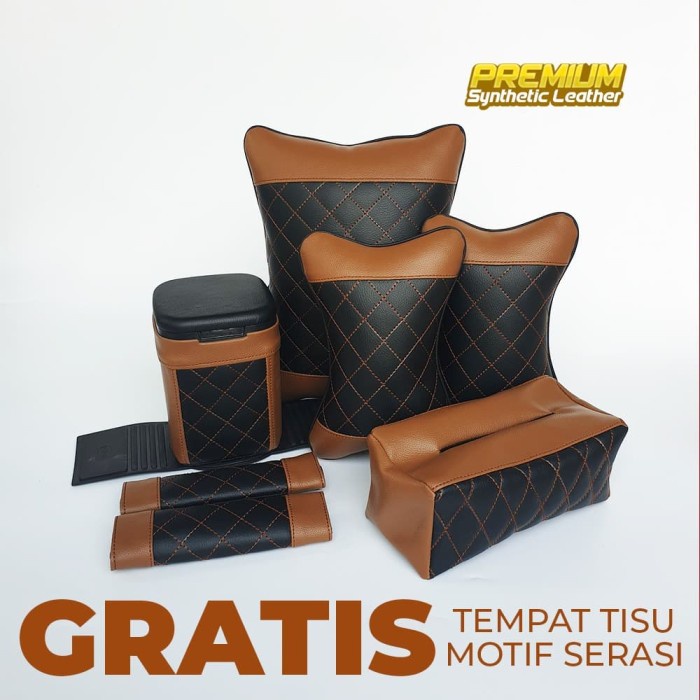 Set Bantal Mobil 4 In 1 / Bantal Kulit Mobil - Wajik Hitam Coklat