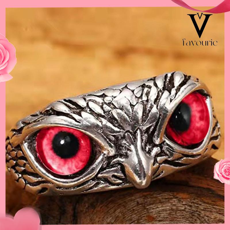CODKristal Vintage Style Burung Hantu Cincin Perak 925 Pria Wanita Punk Crystal Rings Adjustable Size-FA