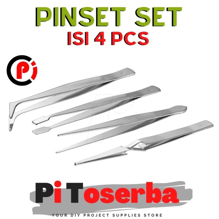 Pinset Tweezer Set 4 in 1 Jenis Bengkok Lurus Cross Flat