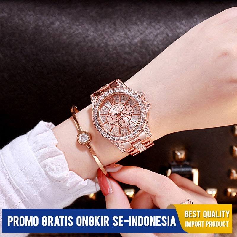Jam Tangan Wanita DZG  Emas Warna Quartz Watch  Kasual Palsu Tiga Mata  Enam Jarum Berlian Imitasi P