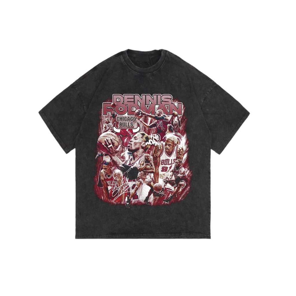 Ossu Official "Dennis Rodman Chicago Bulls" Reguler T-Shirt | Stone Wash | Black | White | Kaos Bask