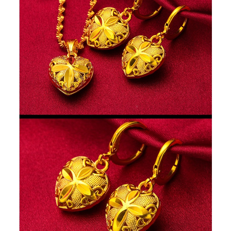 Goldkingdom Perhiasan Fashion Emas Asli Kadar 375Bangkok Aksesoris Ready Stock Love Bunga Liontin Anting Set Wanita Lapis Emas Love Ear Hook