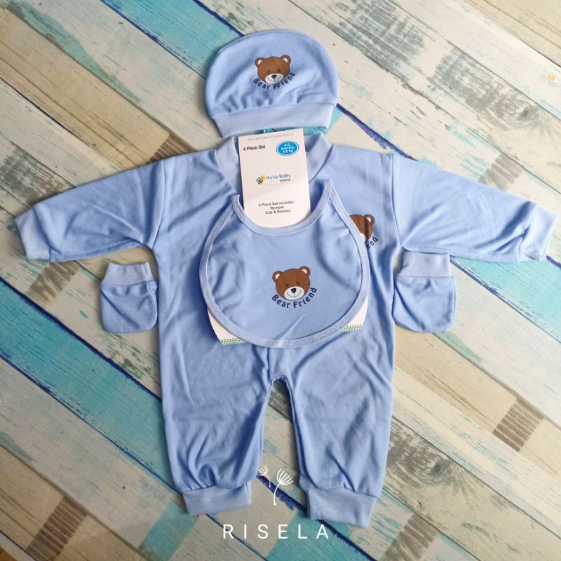 SET 4 IN 1 JUMPER/BODYSUIT BAYI BARU LAHIR LENGKAP  SLABER TOPI &amp;SARUNG TANGAN/SLEEPSUIT BAYI/1 SET KODOK BAYI MOTIF POLOS LUCU