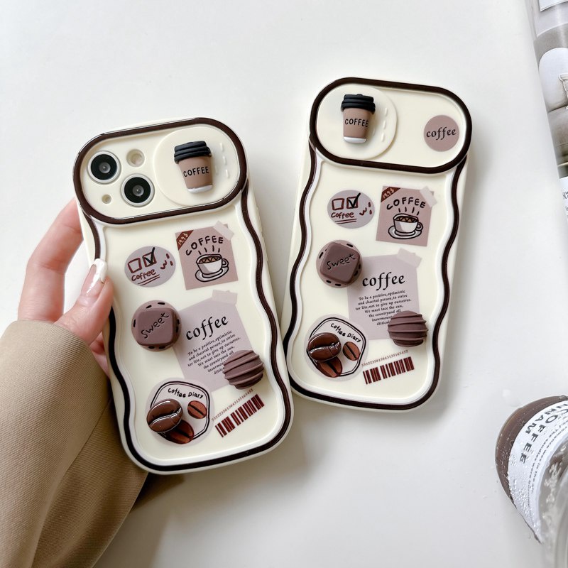 Fashion Coffee Bean Doll Push The Window Cover Soft Case iP iPhone 11 12 13 14 Pro Max + Plus Brown Wavy Casing Apple