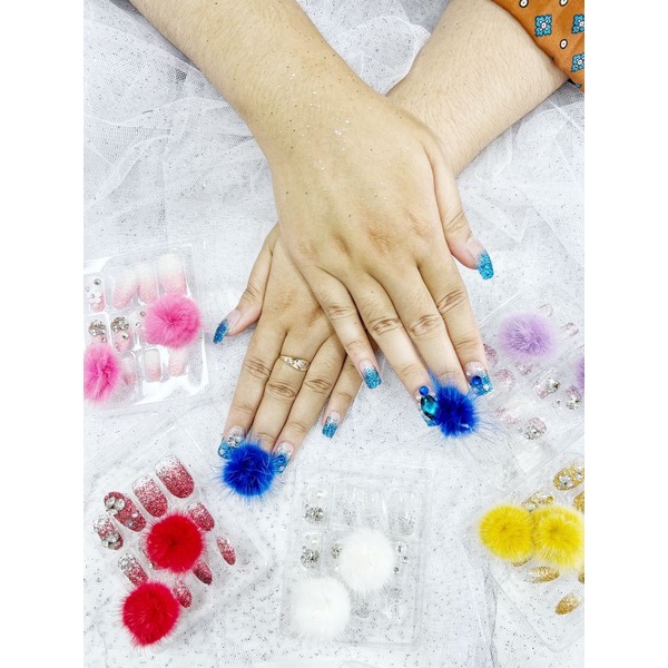 12 PCS KUKU POMPOM TERMURAH / WEDDING FAKE NAILS BULU / FRE LEM DOUBLETIP