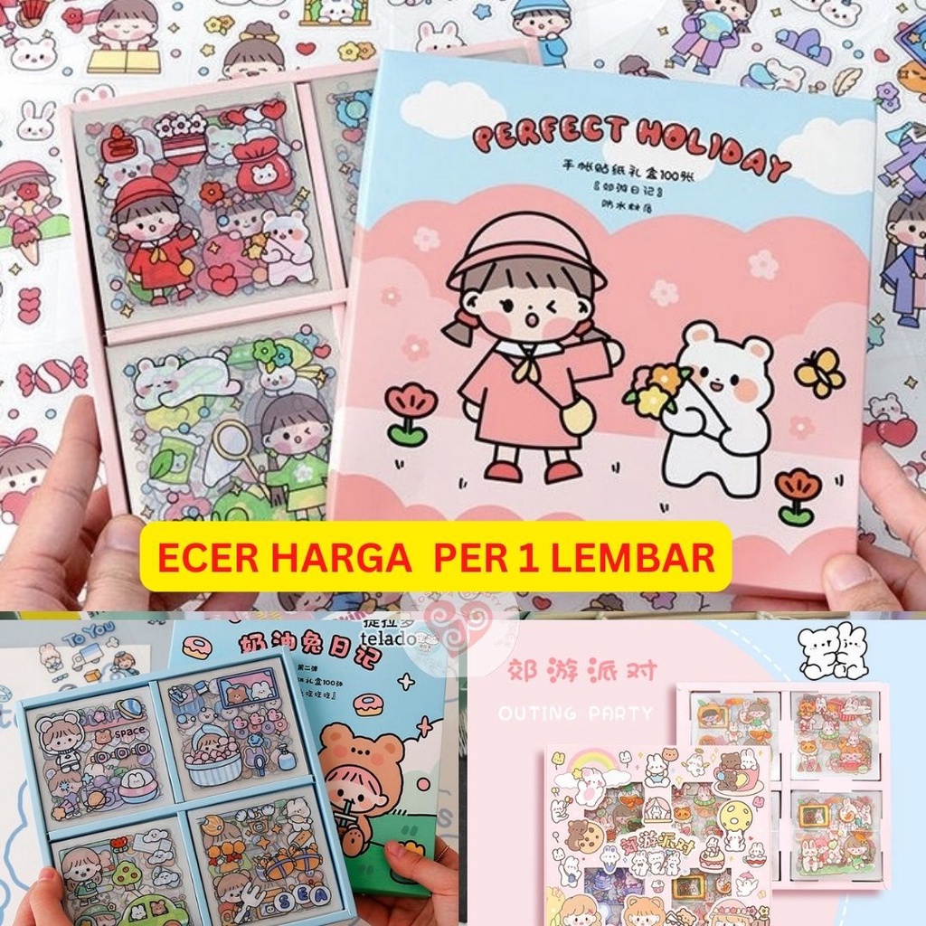 Stiker Aesthetic 1 Lembar | Sticker Bear Bunny Cute Korean Astronot Gadis Kecil | DIY Bahan PVC Untuk Deco Scrapbook Diary Tumbler Botol Viral Lucu Gemoy