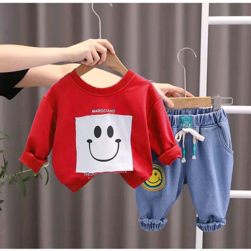 Setelan sweater celana jeasn anak laki laki perempuan motif smile usia 1 sampai 5 tahun setelan unisex pakaian anak setelan anak baju anak