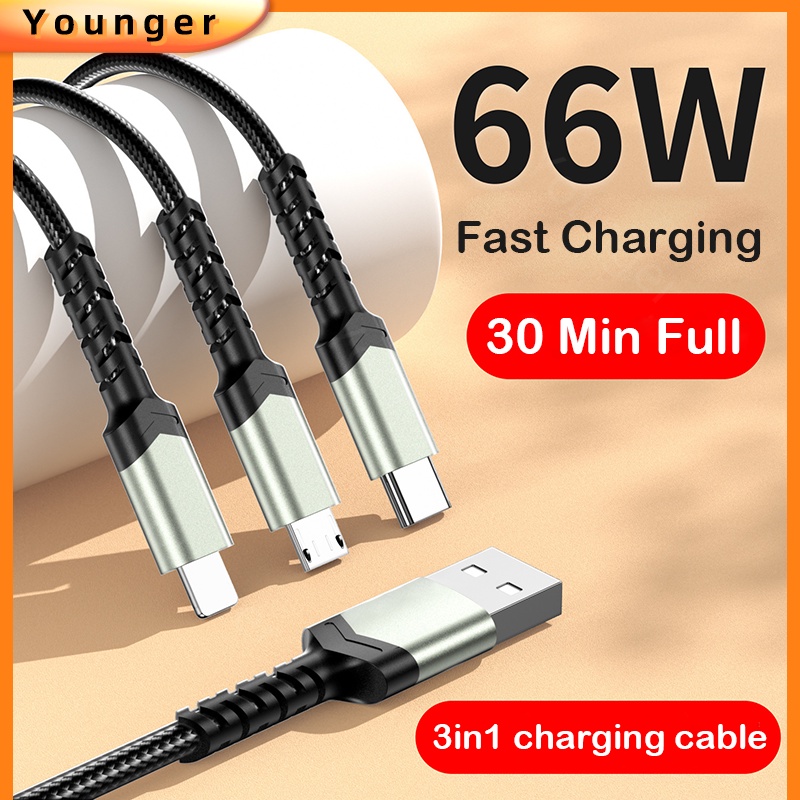 3in1 66W High-Power Braided Fast Charging Cable Micro USB 6A Flash Charger Cord Sepenuhnya Kompatibel Kabel Data Pintar Untuk i-phone Tipe C Android